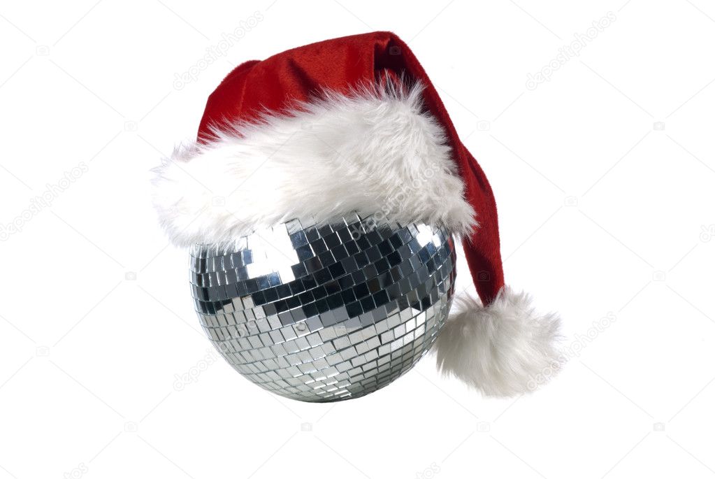 Shiny disco ball with christmas hat — Stock Photo © oblickstudio 4932416