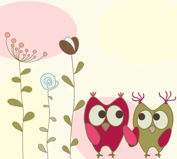 フクロウと花のグリーティング カード — ストックベクタ