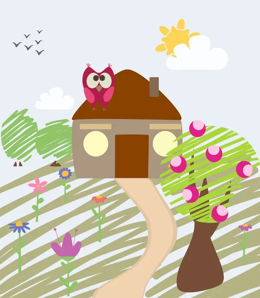 Ev ve baykuş çocuksu çizimi — Stok Vektör