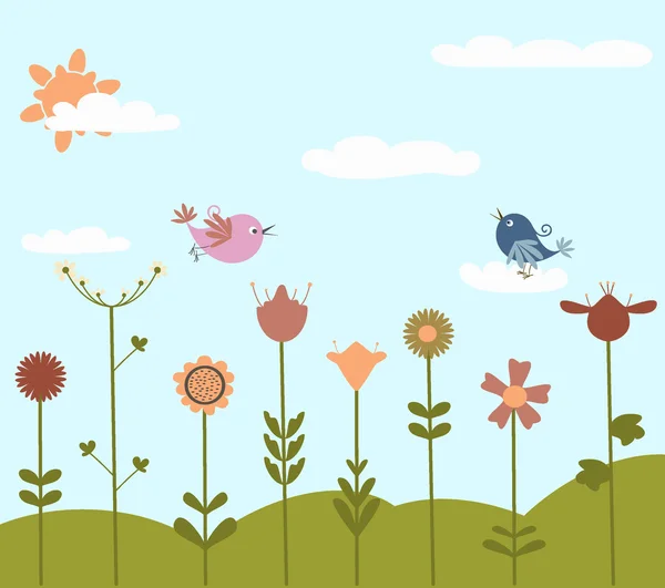 Schattig bloemen en vogels — Stockvector