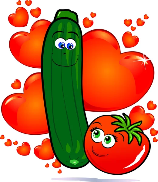 Bir Çift Kırmızı Kalplerin Arka Plan Üzerinde Funny Love Sebzelerin — Stok Vektör