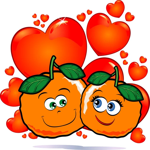 Komik Bir Çift Kırmızı Kalplerin Fonunda Aşık Portakal Vektör — Stok Vektör