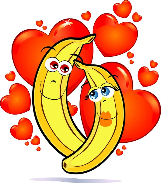 Ett Roligt Par Bananer Kärlek Mot Bakgrund Röda Hjärtan Vektor — Stock vektor