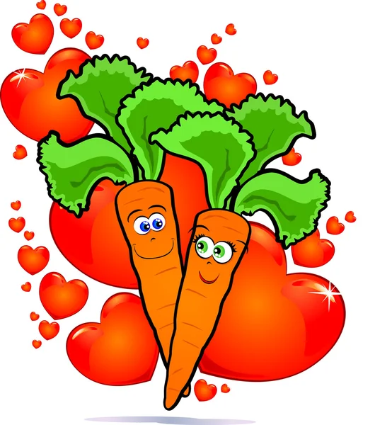 Пара Смішних Кохання Моркви Тлі Червоних Сердець Вектор — стоковий вектор