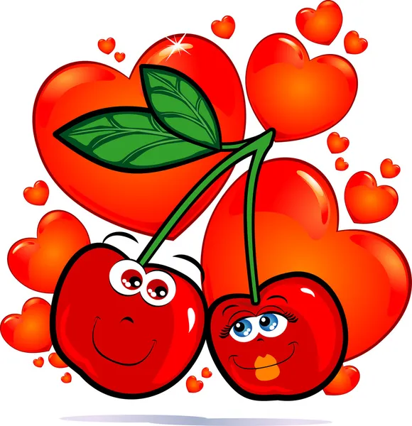 Funny Pair Cherries Love Backdrop Red Hearts Vector — Stock Vector