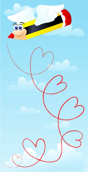 Nice Pencil Drawing Winged Sky Many Red Hearts Vector — Stock Vector
