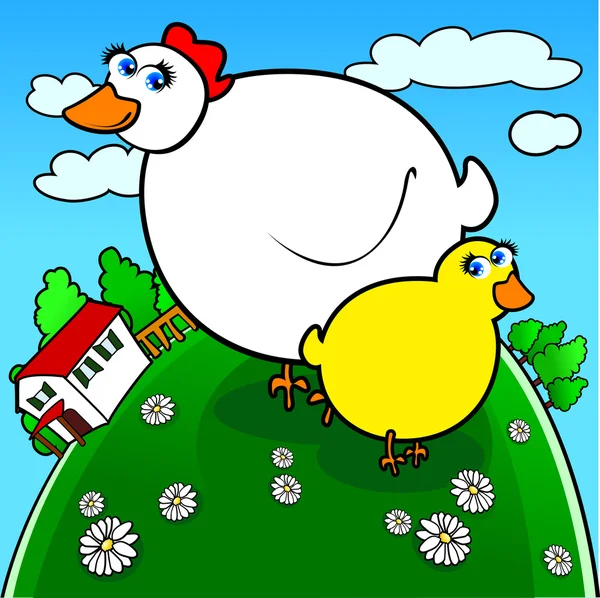 Rolig Kyckling Med Chick Landet Vektor — Stock vektor