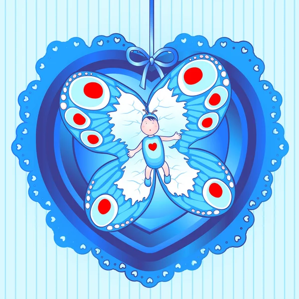 Dítě Motýlích Křídel Zabalené Uvnitř Srdce Oznámení Narození Dítěte Samec — Stockový vektor