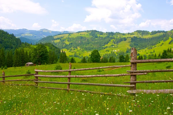 Houten hek in groene bergen — Stockfoto