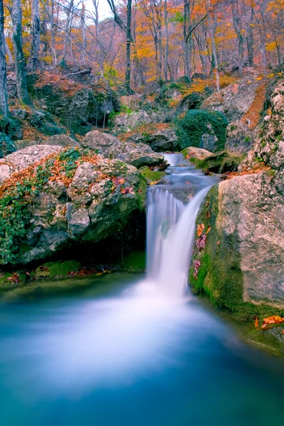 Pěkný vodopád v podzimním lese — Stock fotografie