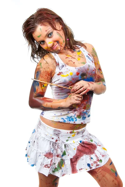 Mädchen mit Farbe beschmiert — Stockfoto
