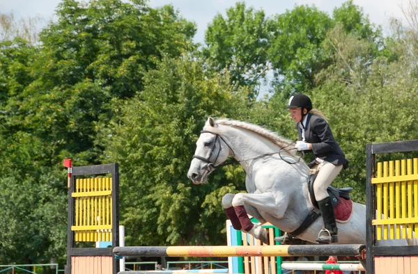 Jockey jumps over a hurdle — Stock Photo, Image