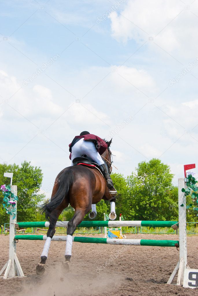 Rider jumping over the barrier
