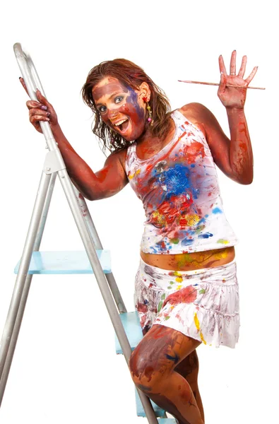 Boldog lány elkenődött festék — Stock Fotó