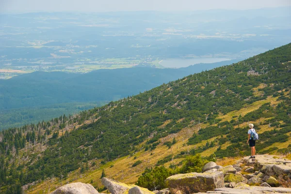 Escursionista si affaccia su un bellissimo paesaggio montano — Foto Stock