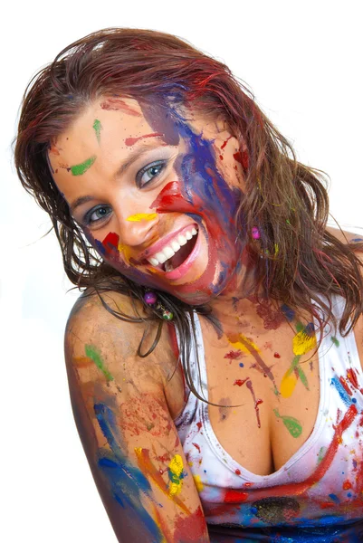 Happy Girl She All Smeared Paint — Stock Photo, Image