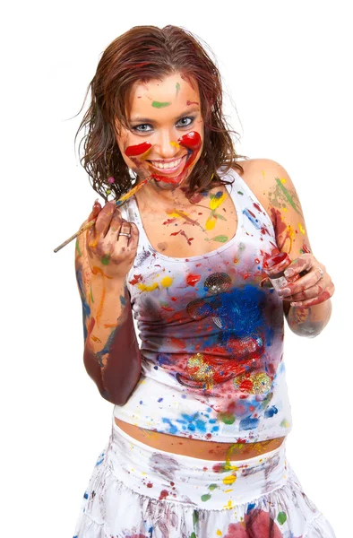 Šťastná Dívka Ona Všechny Rozmazané Programu Malování — Stock fotografie