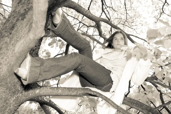 Ağaç Dalları Retro Tarzı Kız Oturuyor — Stok fotoğraf
