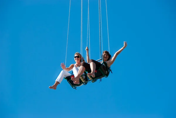 Girls Ride Chain Carousel Blue Sky — Stock Photo, Image
