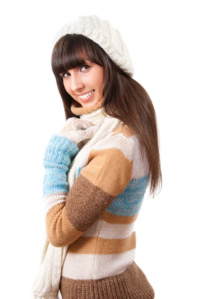 性感的年轻女性穿着一件毛衣 围巾和章白上孤立 — 图库照片