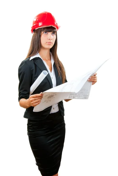 Young Woman Architect Holding Blueprints Looking Isolated White — Stock Photo, Image