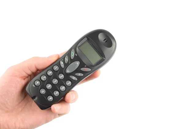 Trådlös Telefon Handen Över Vit Bakgrund — Stockfoto