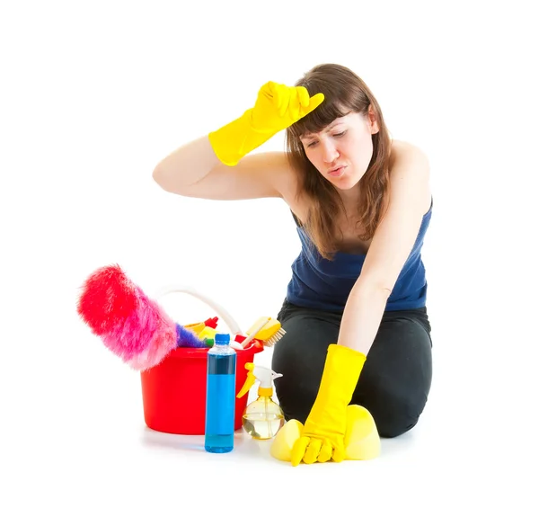 Mujer joven limpiadora cansada —  Fotos de Stock