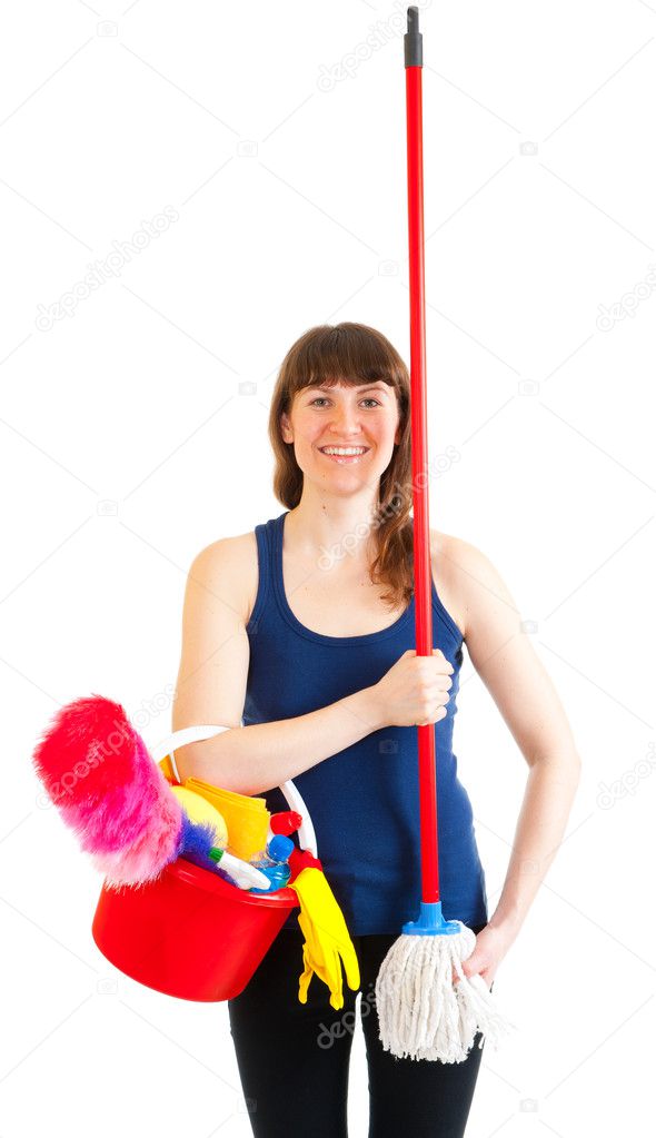 Young woman happy cleaner is like a soldier