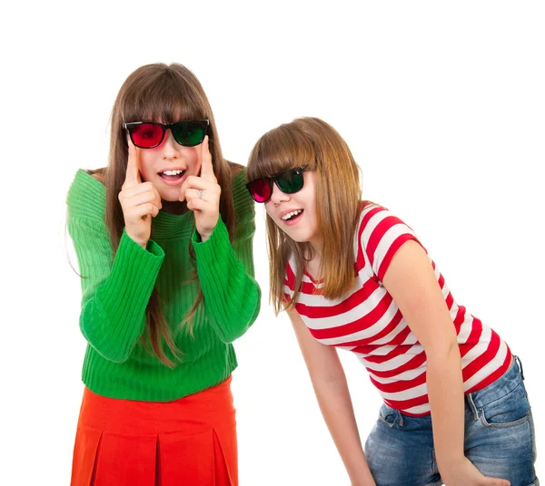 Sisters having fun while watching 3D movie — Stock Photo, Image