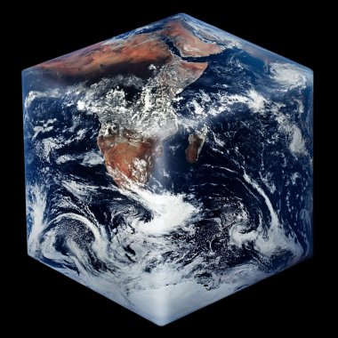 Cube-shaped Planet Earth isolated on black clipart