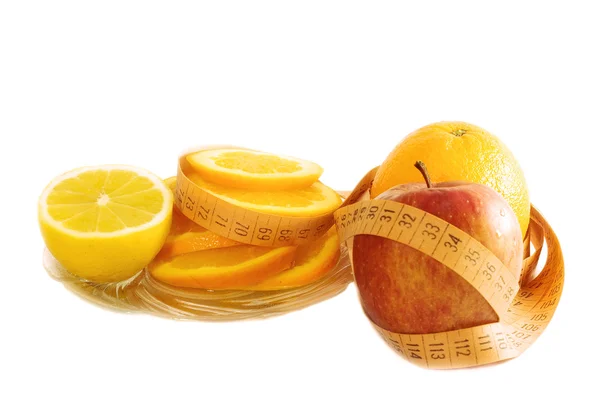Diet Concept Fruits Meter White Background — Stock Photo, Image