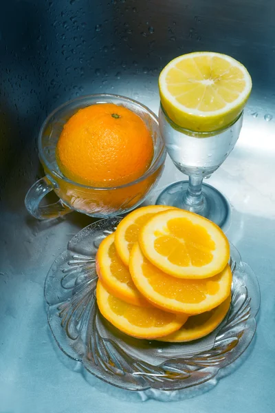 Cocktail Oranges Lemon Icy Blue Background — Stock Photo, Image