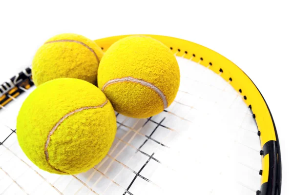 Close Three Tennis Balls Standing Racquet — Stock Photo, Image