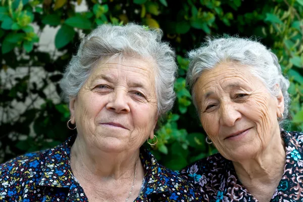 Két Mosolygó Boldog Öreg Hölgy Portréja — Stock Fotó
