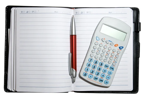 Abra o caderno com caneta e calculadora — Fotografia de Stock