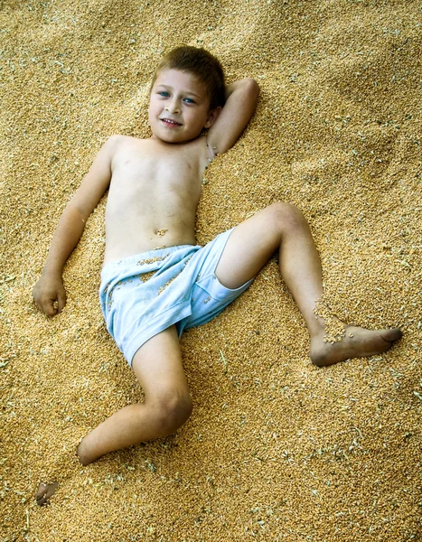 Portrait Cute Kid Laying Corn Seeds — Stock Photo, Image