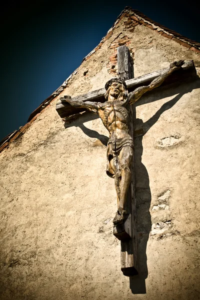 Escultura Madeira Jesus Cristo Parede Antiga — Fotografia de Stock