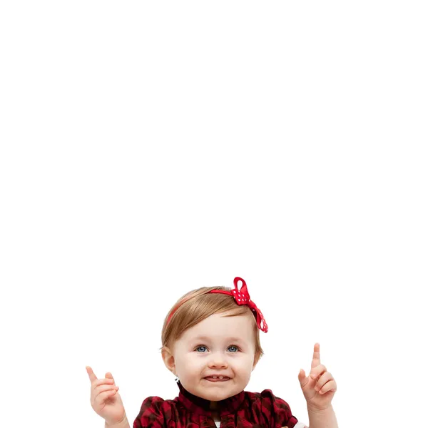 Geïsoleerde babymeisje wijzen omhoog en boven — Stockfoto