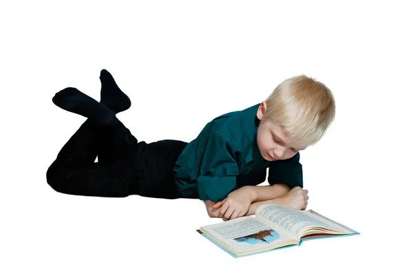 Junge Auf Dem Boden Liegend Las Ein Buch — Stockfoto