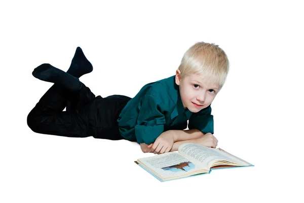 Junge Auf Dem Boden Liegend Las Ein Buch — Stockfoto