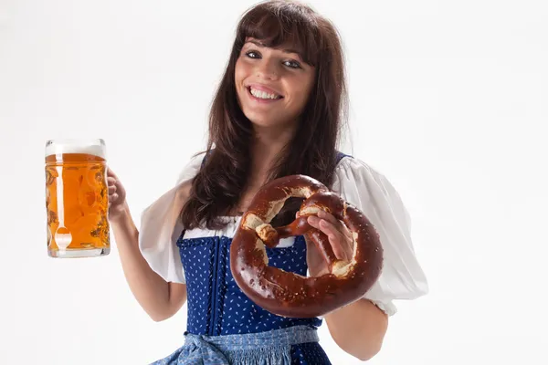 Bavarian girl in a costume with beer — Stock Photo, Image