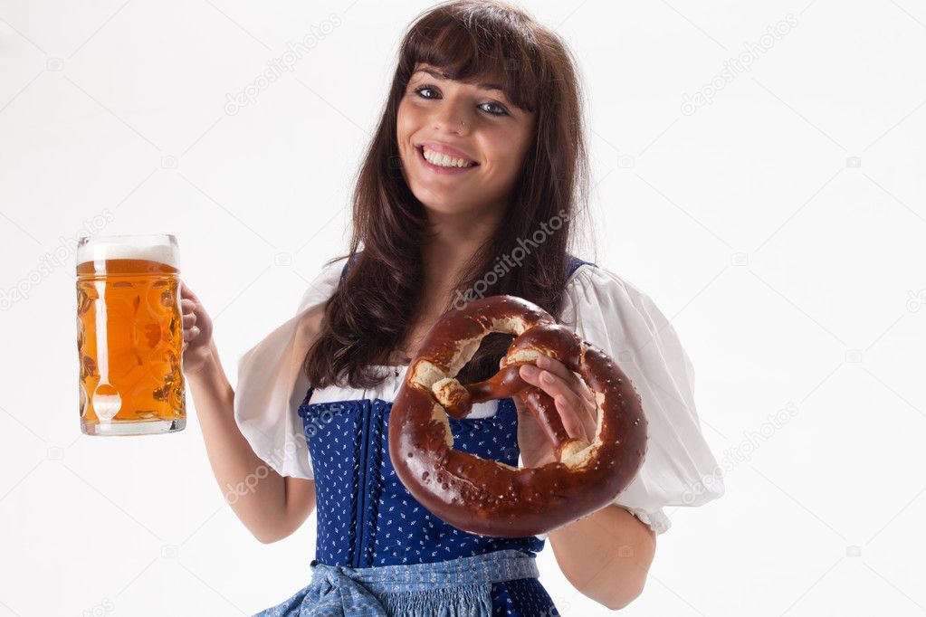 Bavarian girl in a costume with beer