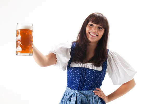 stock image Bavarian girl in a costume with beer