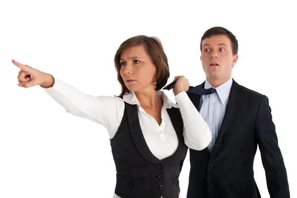 Scared Business Woman Pointing Out — Stock Photo, Image