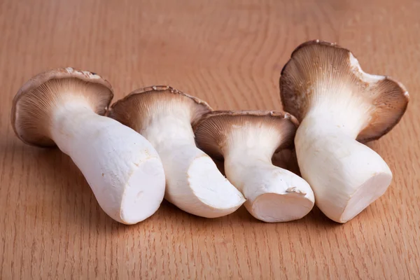 Stock image Four king oyster mushrooms on a wooden table