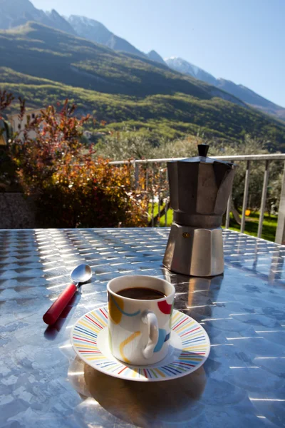 stock image Espresson on a table with a view