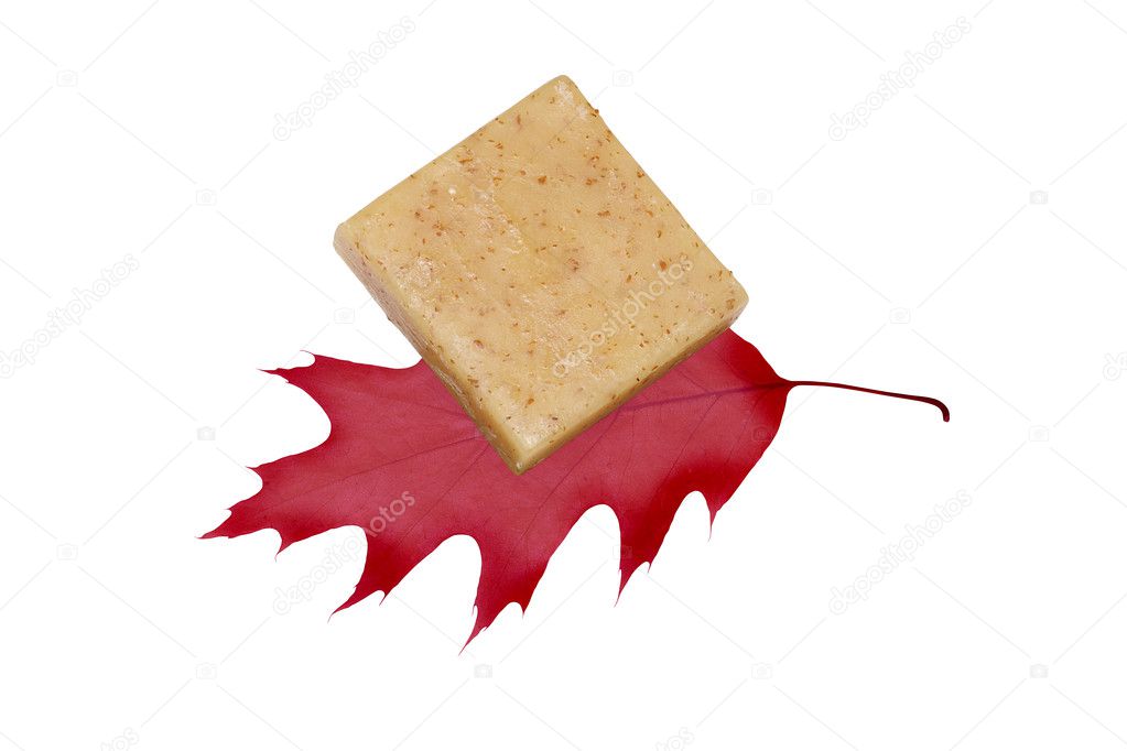 Bar of natural handmade Soap with red leaf