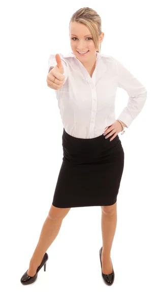 Biznes Kobieta Białej Koszuli Czarnej Spódnicy Podając Kciuki Znak — Zdjęcie stockowe