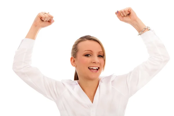 Деловая Женщина Белой Рубашке Поднятыми Вверх Руками Будто Празднует — стоковое фото