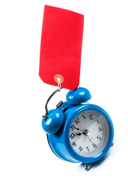 Reloj Despertador Mecánico Azul Antiguo Con Una Etiqueta Equipaje Roja — Foto de Stock